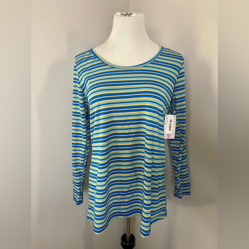 LuLaRoe Lynnae Long Sleeve Top NWT Blue Yellow Green Stripes